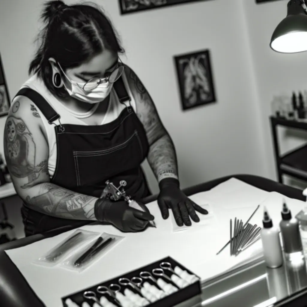 Tetoválóművész védőfelszerelésben az Inkartspace stúdióban