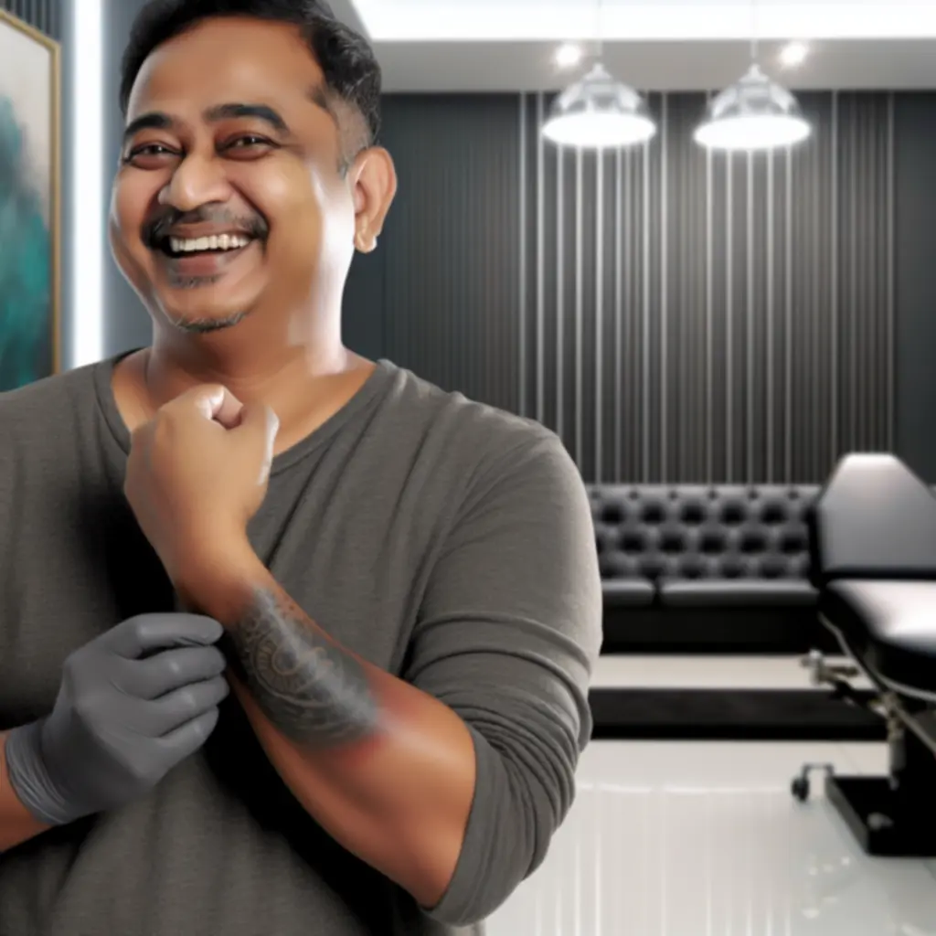 Mosolygó vendég friss tetoválással az Inkartspace stúdióban