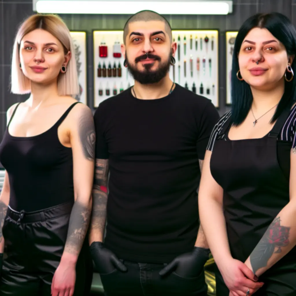 Tetoválóművészek csapata a stúdióban