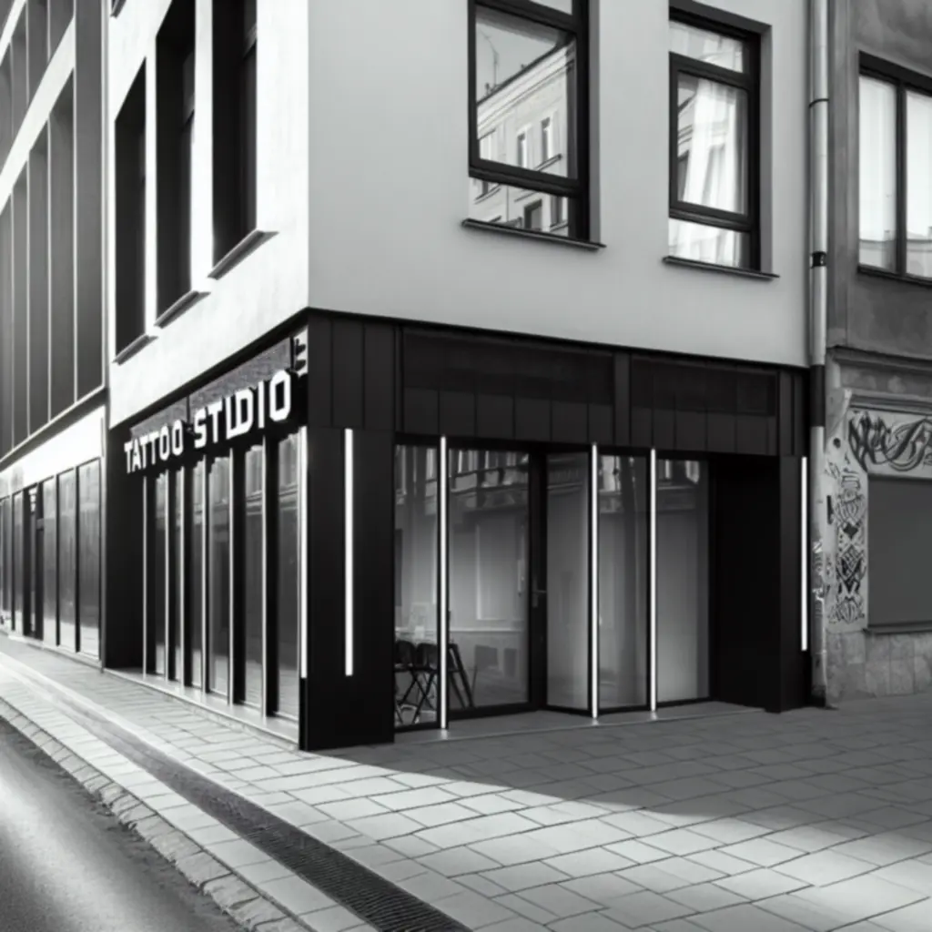Az Inkartspace tetoválóstúdió modern, monokróm utcafronti homlokzata Budapesten.