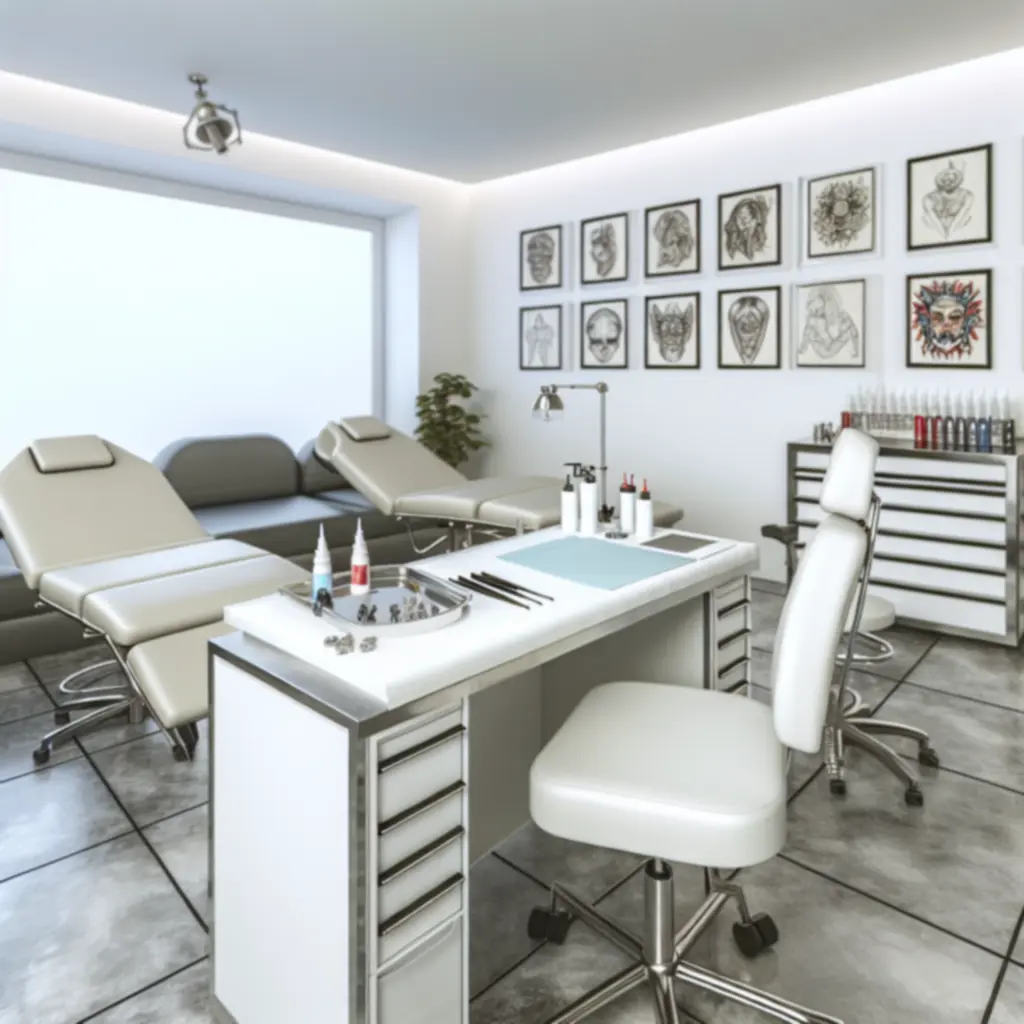 Minimalista, modern tetoválóstúdió enteriőr